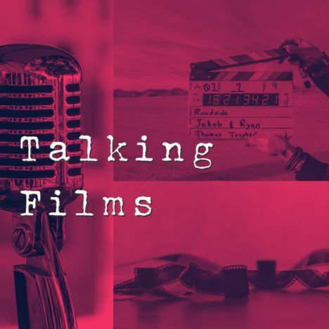 Composite of images of a microphone, clapperboard and reel of film coloured and with 'Talking films' superimposed