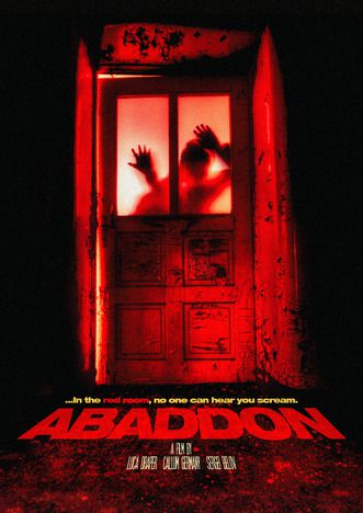 Film poster for 'Abaddon' - a semi-glazed door. Someone is being pressed up against the inside of the door.