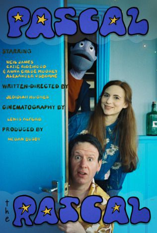 Poster for 'Pascal the Rascal' - photograph of man, woman and male puppet leaning round an open blue door. The words 'Pascal the Rascal' are included as are director, writing and acting credits.