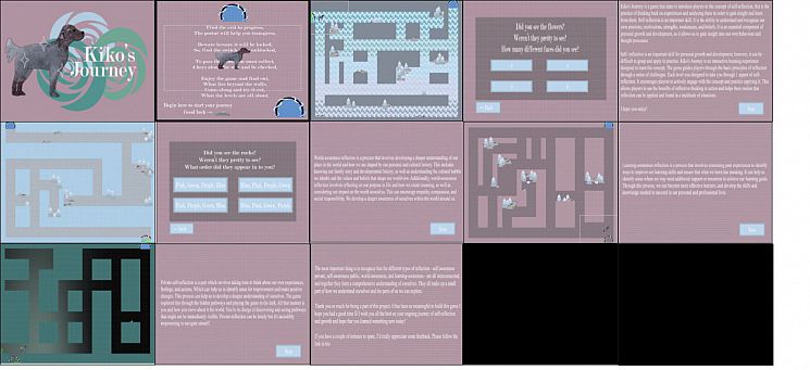 Blocks with purple background containing text, maps, multiple-choice questions and images of a dog. The blocks highlight a journey of reflection.