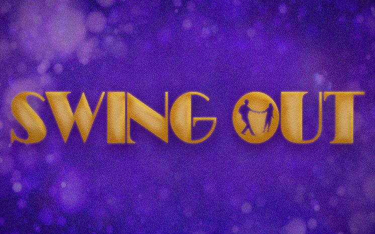 Title card for the film Swing Out. Purple background with large yellow title text.