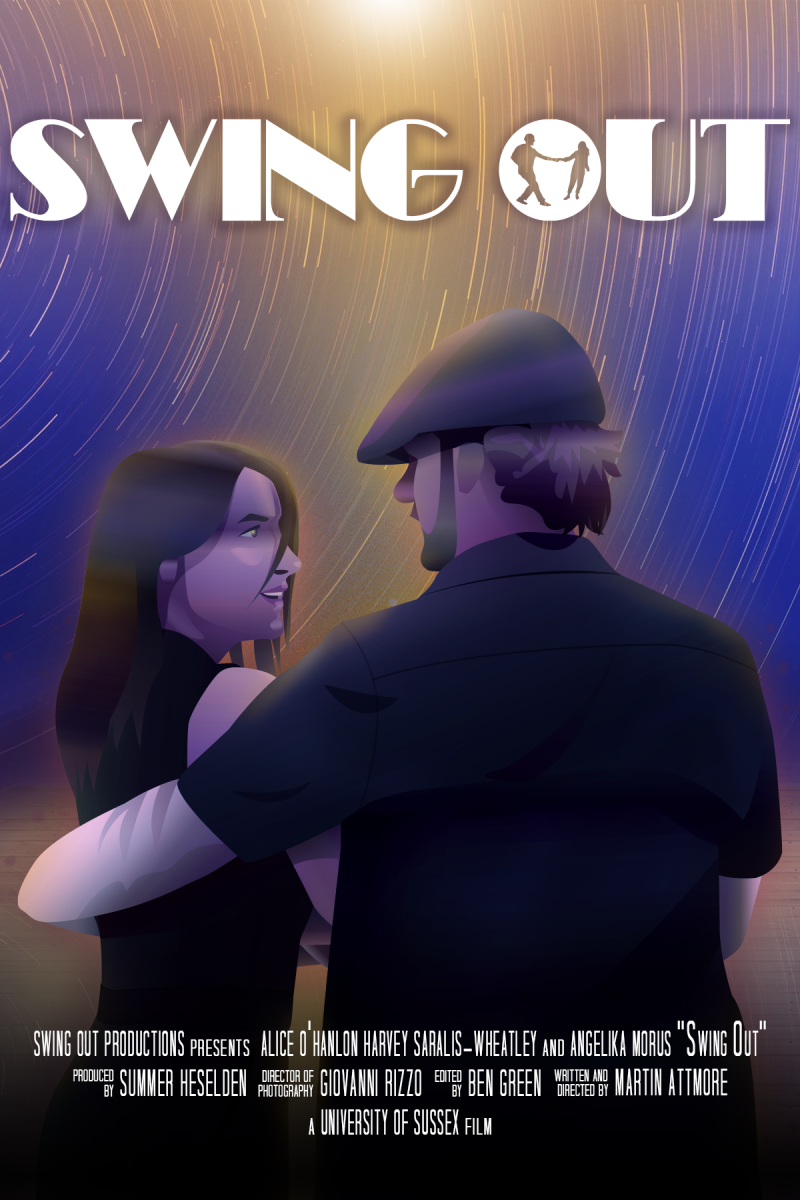 Poster for the film Swing Out depicting two masculine-presenting and feminine-presenting individuals in embrace. Includes film credits and cast member names.