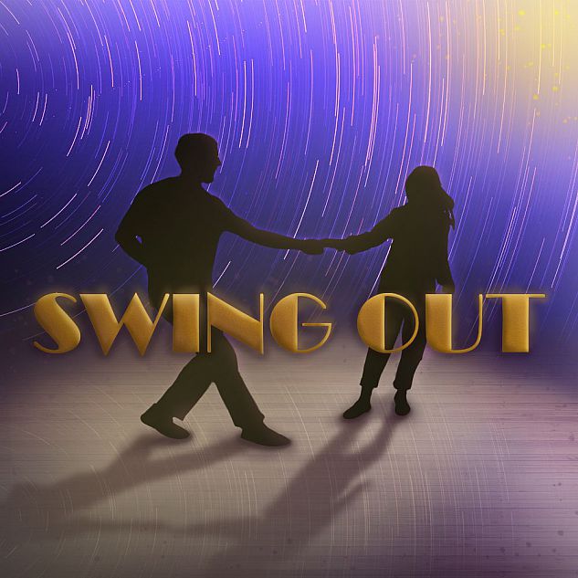 Logo for the film Swing Out. Silhouettes of a man and woman dancing together with a purple backdrop behind them.