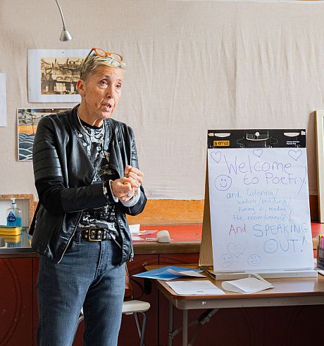 ‘Poet Maria Jastrzębska facilitating a workshop with members of the National Saturday Club