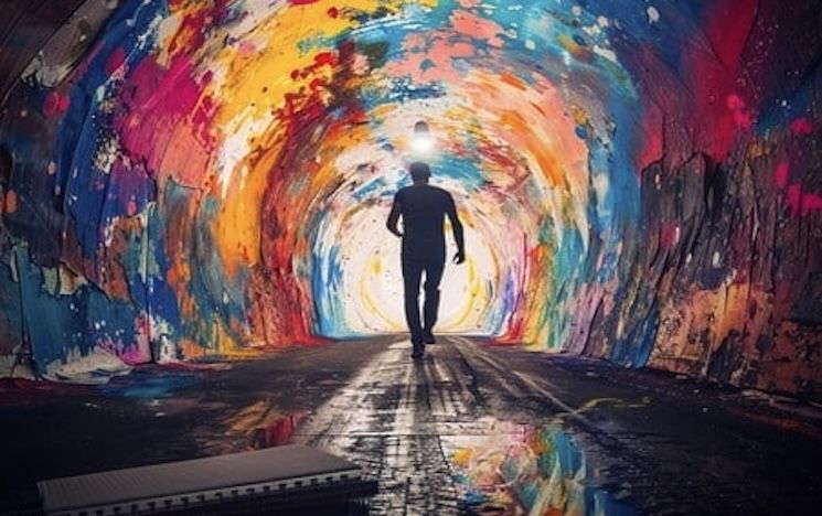 Digital image of an underpass that is rainbow coloured with splats of paint. A silhouette of a figure walking in the distance is seen walking away from us. 