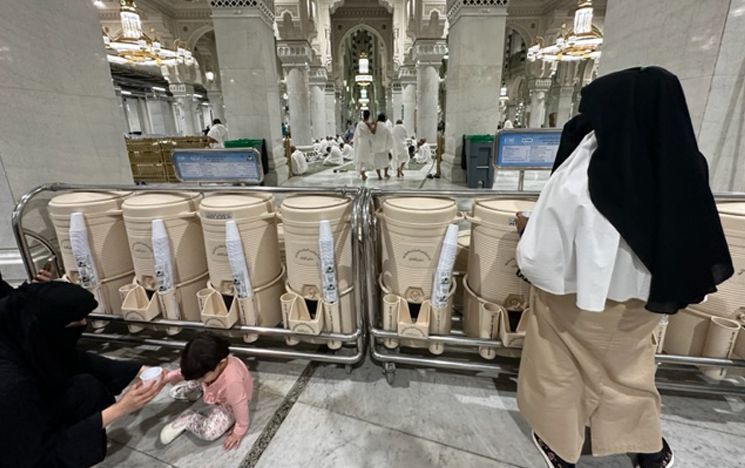 Zamzam water is available in multiple locations at the Mosque