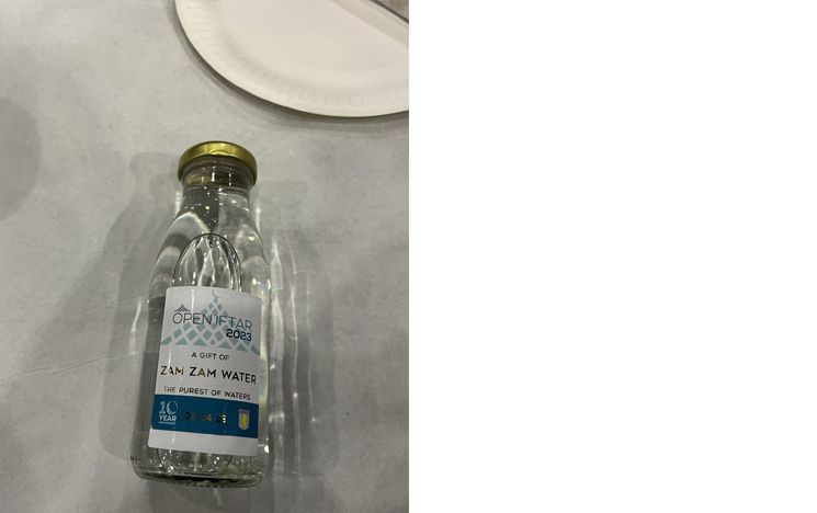 Glass bottled Zamzam water. Breaking the fast, The Tent Project