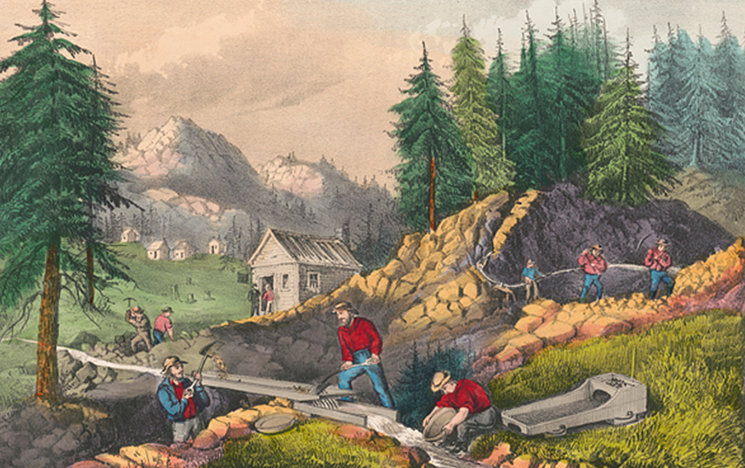 A painting of three men goldmining in Californian countryside