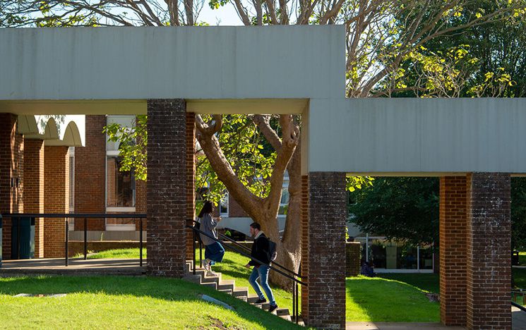 Student riding a bike across campus