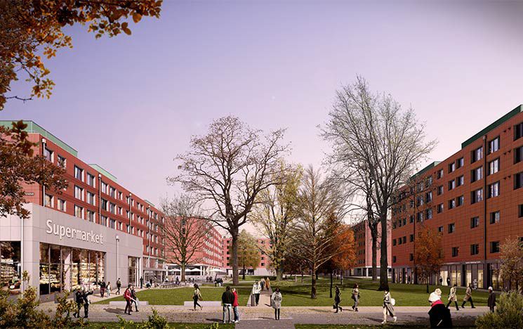 A visual mock up of West Slope, showcasing new residential buildings and a supermarket