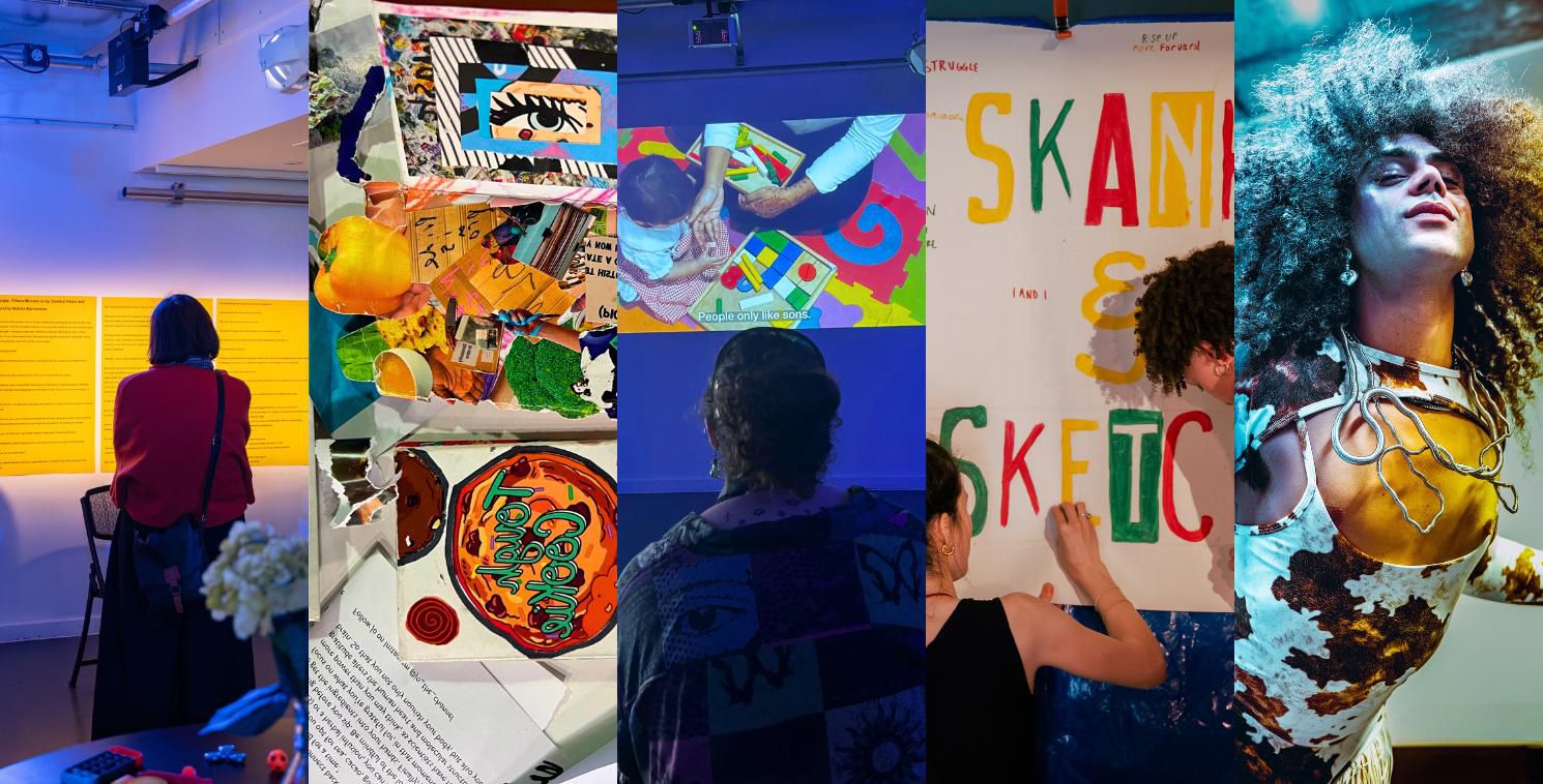 This is a landscape image which includes five portrait images alongside eachother. Each image is taken from each student-led festival of ideas event from 2025. The photos show: a woman looking at an exhibition, a collage of brightly coloured paper, a documentary film on screen, students drawing and a model in clothes designed by a student.