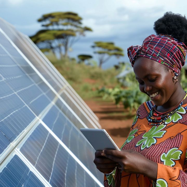A woman holds a controller in front of solar panels A woman holds a controller in front of solar panels