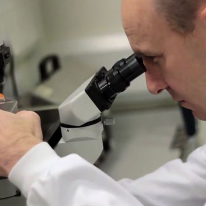 A scientist wearing a white lab coat uses a microscope
